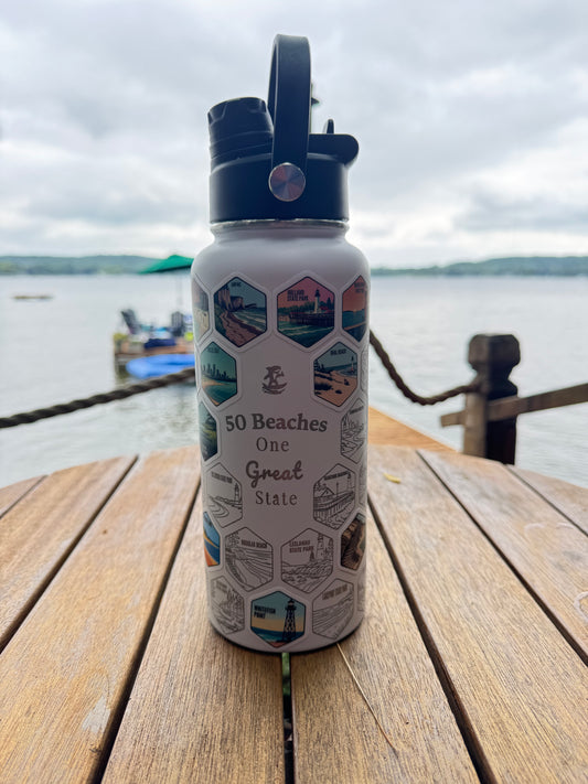 Michigan Gift | 50 Beach Bucket List Tracker Water Bottle | Great Lakes Travel Tumbler | Up North Michigan Souvenir | Lake House Gift