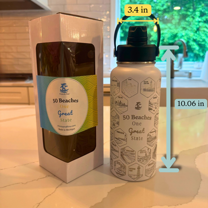 Michigan Gift | 50 Beach Bucket List Tracker Water Bottle | Great Lakes Travel Tumbler | Up North Michigan Souvenir | Lake House Gift