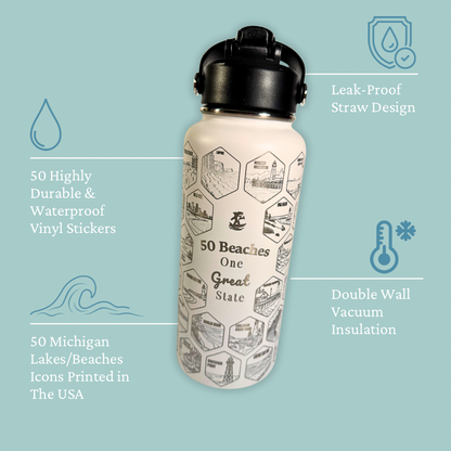 Michigan Gift | 50 Beach Bucket List Tracker Water Bottle | Great Lakes Travel Tumbler | Up North Michigan Souvenir | Lake House Gift